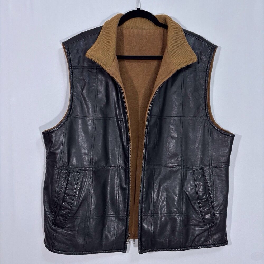Missani Le Collezioni Reversible Leather Wool Blend Vest Men's 2X Collar Zip